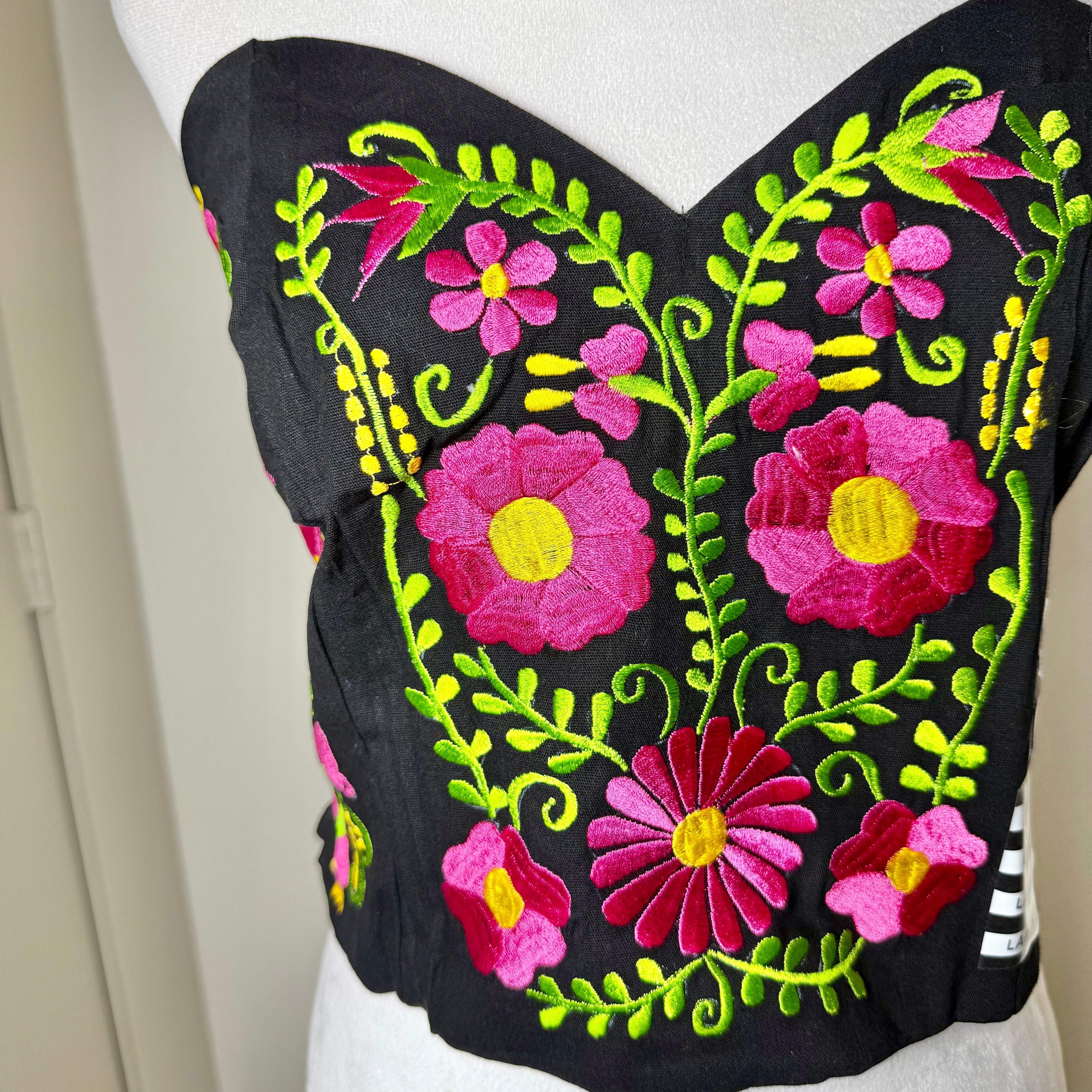 PUEBLA BUSTIER -BLACK WITH LIME AND PINK FLOWERS -M/L – Sin Miedo