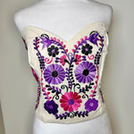 Load image into Gallery viewer, PUEBLA BUSTIER -NATURAL WITH PINK &amp; LILA WITH BLACK FLOWERS -M/L

