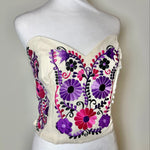 Load image into Gallery viewer, PUEBLA BUSTIER -NATURAL WITH PINK &amp; LILA WITH BLACK FLOWERS -M/L
