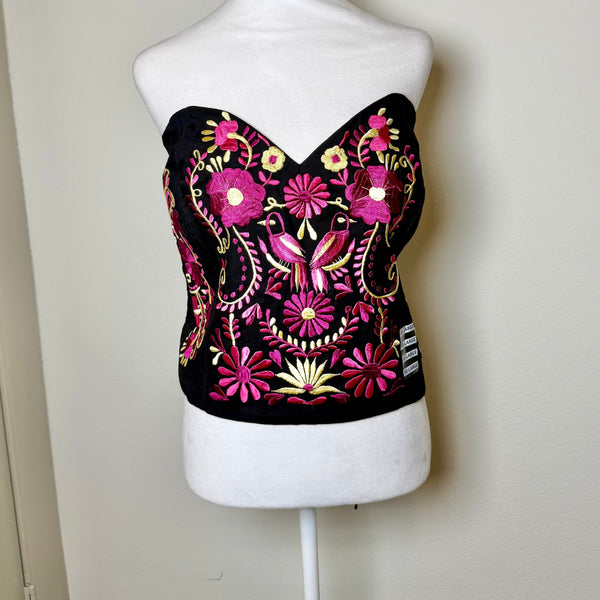 PUEBLA BUSTIER -BLACK WITH PINK BIRDS - XL/XXL – Sin Miedo Market