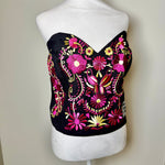 Load image into Gallery viewer, PUEBLA BUSTIER -BLACK WITH PINK BIRDS - XL/XXL
