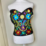 Load image into Gallery viewer, PUEBLA BUSTIER -BLACK WITH MULTI COLOR BIRDS - XL/XXL
