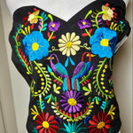 Load image into Gallery viewer, PUEBLA BUSTIER -BLACK WITH MULTI COLOR BIRDS - XL/XXL
