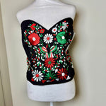 Load image into Gallery viewer, PUEBLA BUSTIER -BLACK WITH RED, GREEN &amp; WHITE BIRDS- XL/XXL
