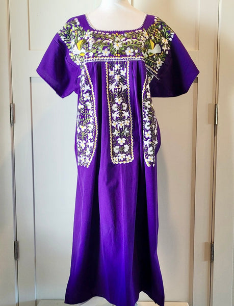 LONG PUEBLA EMBROIDERED DRESS - PURPLE WITH White EMBROIDERY LARGE LONG PUEBLA EMBROIDERED DRESS - PURPLE WITH White EMBROIDERY LARGE