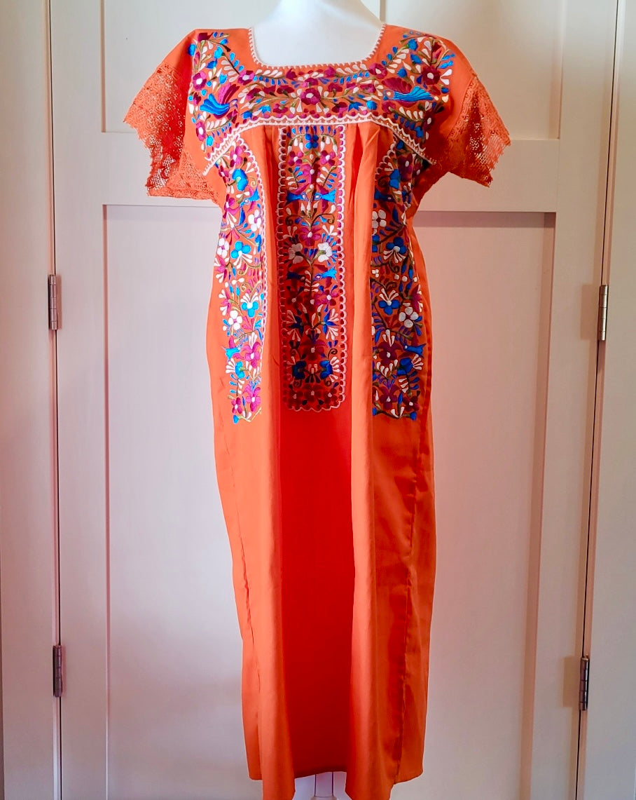 LONG PUEBLA EMBROIDERED DRESS - ORANGE WITH BLUE AND MAROON EMBROIDERY LONG PUEBLA EMBROIDERED DRESS - ORANGE WITH BLUE AND MAROON EMBROIDERY