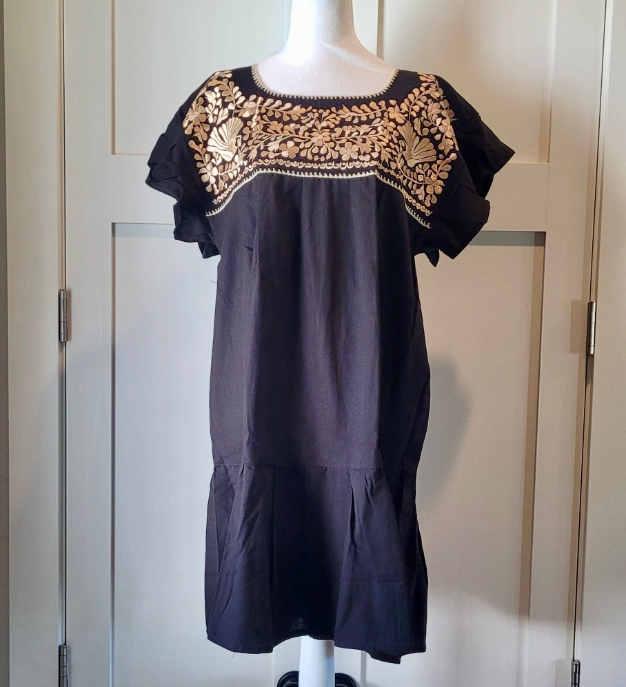 RAMIREZ DRESS - BLACK WITH BEIGE EMBROIDERY