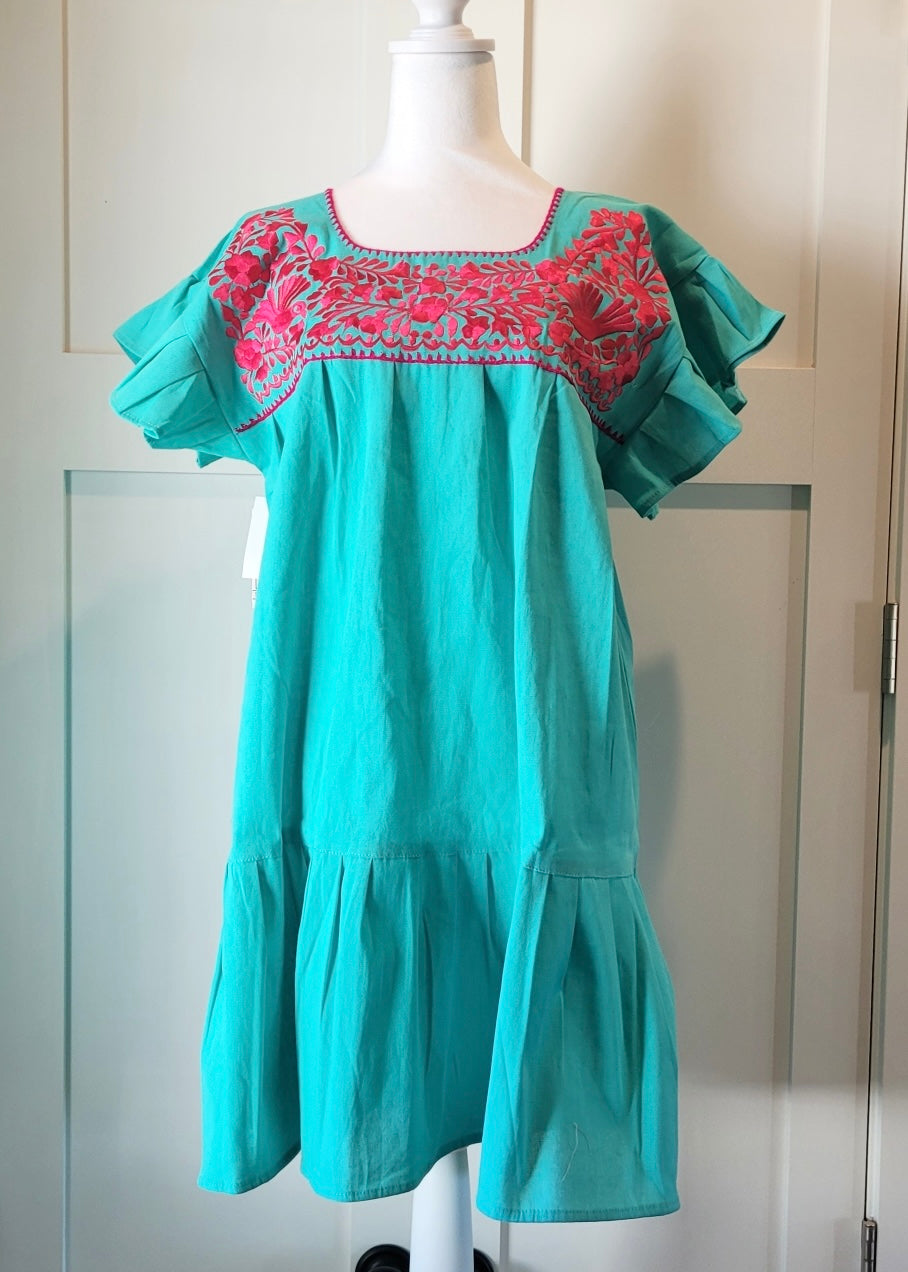 RAMIREZ DRESS - TEAL WITH FUSCHIA EMBROIDERY