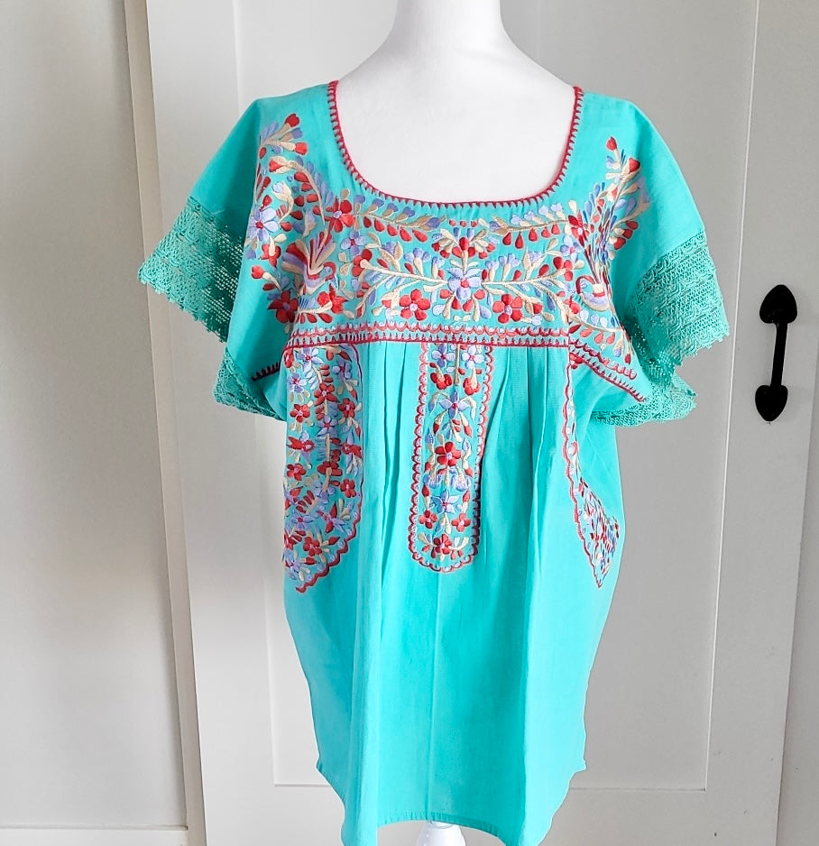 PUEBLA EMBROIDERED BLOUSE -  TEAL WITH BLUE AND RED EMBROIDERY