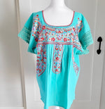 Load image into Gallery viewer, PUEBLA EMBROIDERED BLOUSE -  TEAL WITH BLUE AND RED EMBROIDERY
